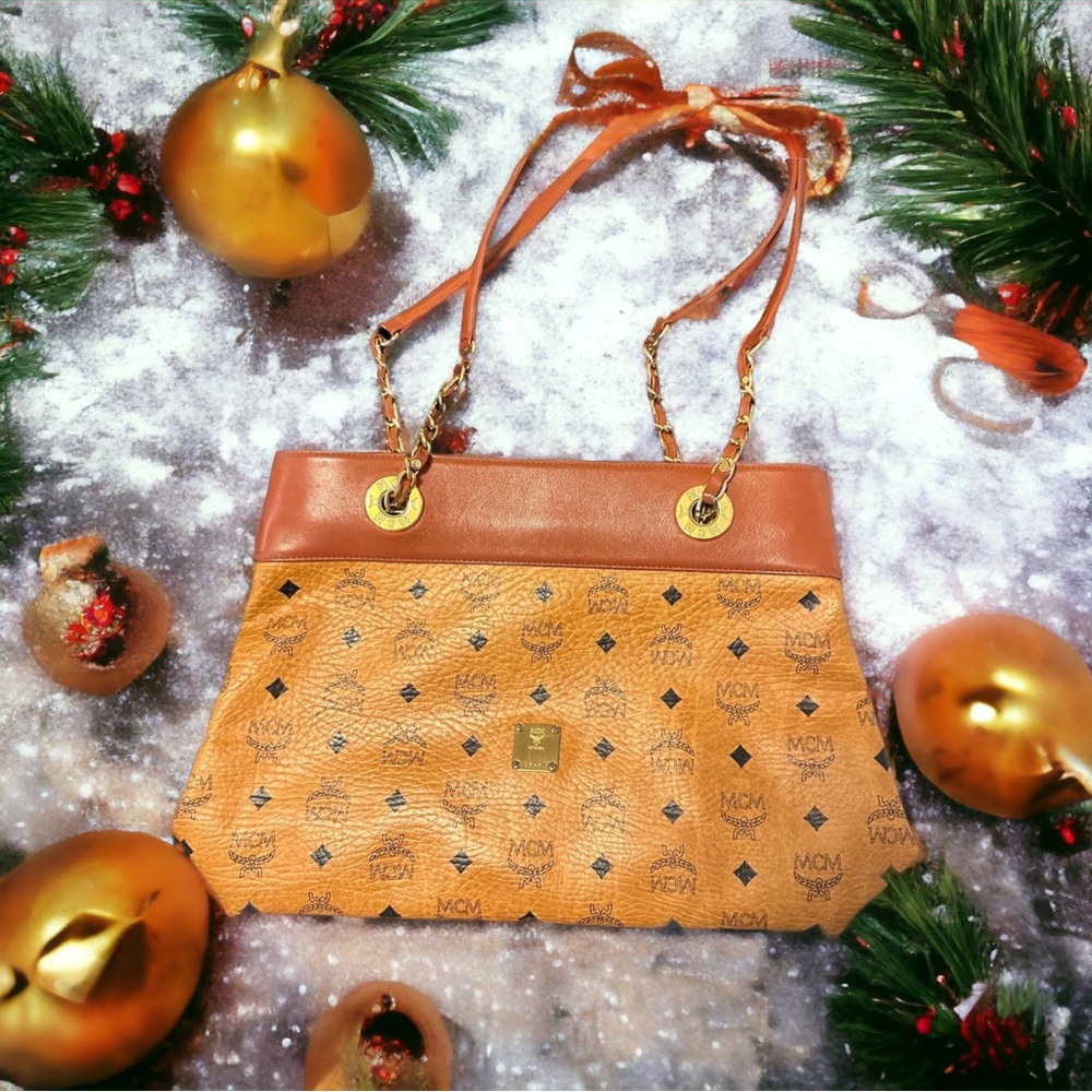 MCM Caramel and Chocolate Logo Shoulder Bag